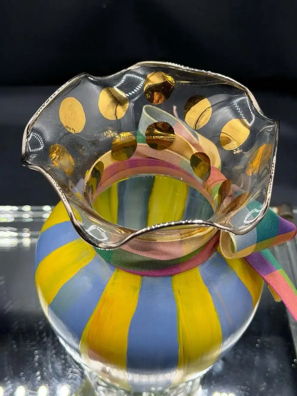 Mackenzie -Childs Heirloom Circus Hand-Painted Fluted Glass Vase with Striped P